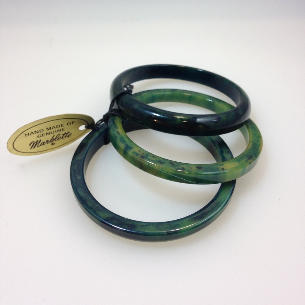Trio Vintage Bakelite Marbled Teal Bracelets